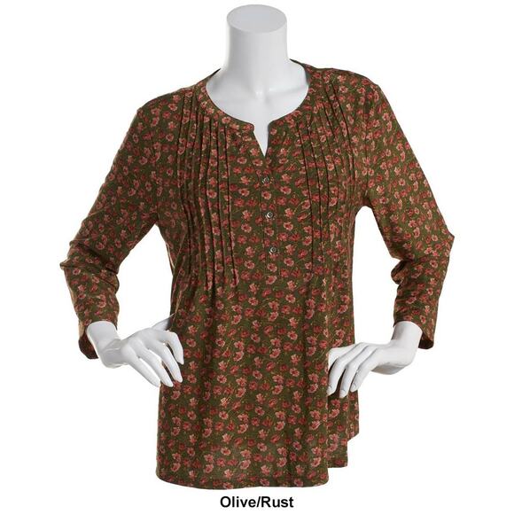 NWT Napa Valley Women’s Medium Olive/Rust Floral 3/4 Sleeve Pleated Blouse - Picture 1 of 3